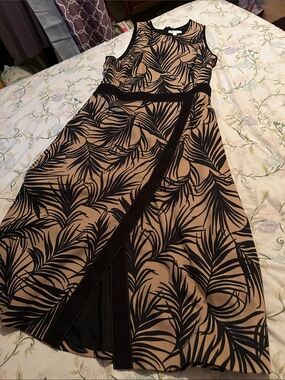 Sleeveless Black Leaf-Print Tan A-Line Dress